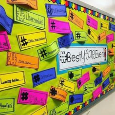 a colorful bulletin board with the words best teacher written in black and white on it