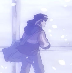 an anime character is walking in the snow