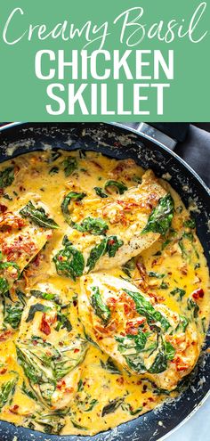 a skillet filled with chicken and spinach