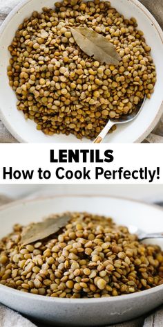 lentils in a white bowl with the words lentils how to cook perfectly on it