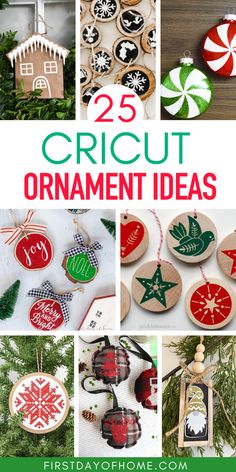 Collage of Christmas ornaments made with a Cricut machine Flat Christmas Ornaments Cricut, Cricut Felt Ornaments Diy, Christmas Ornaments Wood Diy, Decorate Wooden Ornaments, Cricut Xmas Ornaments, Ornaments Made With Cricut, Christmas Cricut Ornaments Diy, Diy Cricut Ornaments Gift Ideas, Wooden Christmas Ornaments Cricut