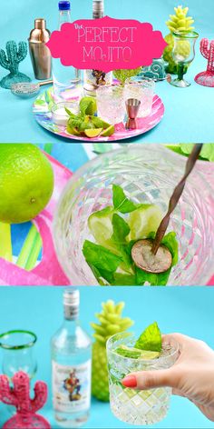 a person holding a cocktail glass with limes in it