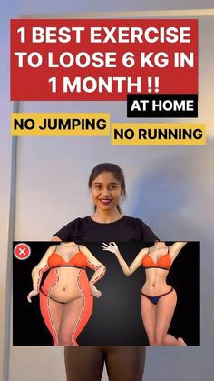 a woman in bikinis standing next to a sign that says, best exercise to lose 6 kgn in 1 month at home no jumping or no running