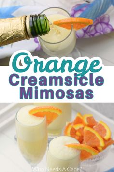 orange creamsice mimosas are served in glasses and garnished with an orange slice