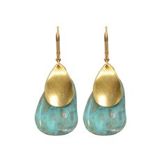 Undulating brass petals are given a natural verdigris patina and paired with a golden backdrop. Brass with gold-plated leverbacks. Nickel and lead free. 2” [5 cm] long. Elegant Bronze Jewelry With Patina, Bohemian Gold Earrings With Patina, Elegant Green Patina Earrings, Gold Bohemian Earrings With Patina, Gold Brass Jewelry With Lever Back, Gold Dangle Jewelry With Patina, Elegant Green Hammered Earrings, Gold Earrings With Patina As A Gift, Gold Earrings With Patina For Gift