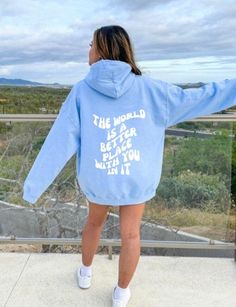 The World Is a Better Place With You In It Light Blue Retro Hoodie.  This unisex heavy blend hooded sweatshirt is relaxation itself. Made with a thick blend of cotton and polyester, it feels plush, soft and warm, a perfect choice for any cold day. In the front, the spacious kangaroo pocket adds daily practicality while the hood's drawstring is the same color as the base sweater for extra style points. .: 50% cotton, 50% polyester .: Medium-heavy fabric (8.0 oz/yd² (271 g/m .: Classic fit .: Tear Casual Light Blue Hoodie With Letter Print, Light Blue Long Sleeve Hoodie With Letter Print, Light Blue Hooded Sweatshirt With Letter Print, Blue Long Sleeve Hoodie With Text Print, Light Blue Letter Print Winter Hoodie, Light Blue Hoodie With Letter Print For Winter, Winter Light Blue Hoodie With Letter Print, Blue Hooded Sweatshirt With Letter Print, Blue Crew Neck Hoodie With Letter Print