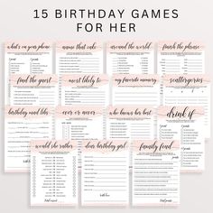 the 15 birthday games for her is shown with pink and black text on white paper