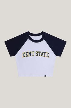 Crop Tee with contrasting raglan short sleeves and neck. Trendy and cute! About the style: - 95% Cotton, 5% Spandex - Fits tight to the body - Extra cropped Soffe Shorts, Kent State, Logo Application, Georgia Southern, University Of Kansas, Retro Shorts, University Of Kentucky, University Of Michigan, Gameday Outfit