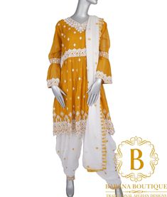 Afghani desi Dress  panjabi With beautiful Embroidery -Mustard and White Dress (US based Seller) Perfect summer dress Note:  This item includes Dress, pants and shawl. These clothes are prepared from high quality fabric. A lot of mirrors And Coins are fixed on the dress by hand. Traditionally, such Afghani Persian Pashtun tribal Traditional clothes are used for special events like weddings, Eid, Nawroz, Nikkah, engagements and other special occasions. The design is based on latest fashion. Note: Yellow Floor-length Dupatta For Festivals, Yellow Embroidered Dupatta, Yellow Art Silk Floor-length Dupatta, Yellow Afghan Dress, Yellow Semi-stitched Dupatta With Printed Border, Afghan Dress, Desi Dress, Mirror Embroidery, Afghan Dresses