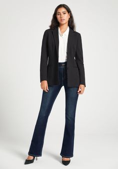 Refine your style with the Classic Blazer, made from 4-way stretch ponte for unparalleled mobility. With wrinkle resistance and essential pockets, it's the perfect match for our Dress Pant Yoga Pants. A tailored fit blazer that hits at the low hip. Featuring two functional pockets, 2-button closure, and a vent at the back hem. 28 inches from top of shoulder to hem, 24-inch sleeves (size S). Model wears Small. Wrinkle-resistant ponte fabric with 4-way stretch (black). 68% rayon, 27% nylon, 5% ela Classic Stretch Outerwear For Business Casual, Stretch Blazer With Notch Lapel For Office Wear, Stretch Notch Lapel Blazer For Office, Stretch Blazer For Business Casual, Stretch Blazer For Business Casual In Fall, Office Outerwear With Stretch And Notch Lapel, Elegant Stretch Blazer With Notch Lapel, Elegant Stretch Blazer For Business Casual, Elegant Stretch Business Blazer