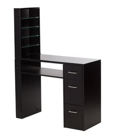 a black desk with two drawers and shelves