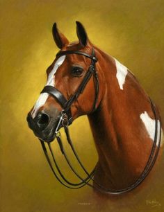 a painting of a brown and white horse wearing a bridle