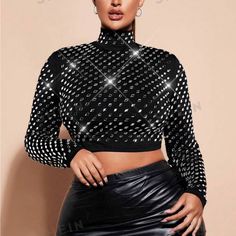 Super Cute And Stylish Ships In 5-10 Business Days Long Sleeve Rhinestone Top, Crew Neck Rhinestone Tops For Streetwear, Buy Bling Turtle Neck Tops Plus Size, Black Rhinestone Crop Top, Slim Fit Top, Black Square, Kids Beachwear, Workout Tops, Women Clothes Sale