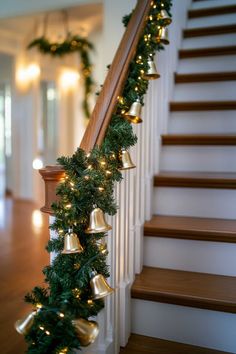 christmas garland with bells on the banister