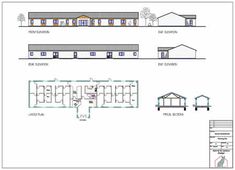 an architectural drawing shows the plans for two buildings and one building with several rooms on each floor