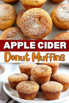 apple cider donut muffins on a plate with the title above it