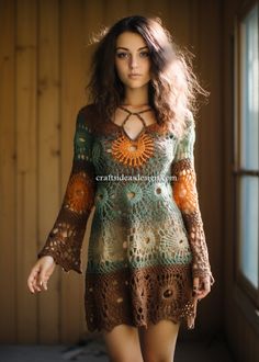 a woman in a crocheted dress is walking