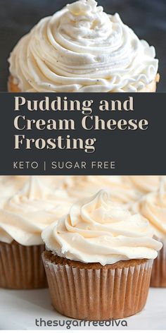 two cupcakes with white frosting on top and the title puddinging and cream cheese frosting