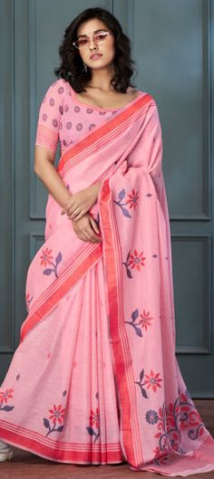 Pink and Majenta color Saree in Linen fabric with Printed work Pink Floral Print Saree For Spring, Traditional Pink Printed Saree, Spring Floral Print Pink Saree, Pink Bollywood Cotton Saree, Pink Block Print Saree, Semi-stitched Pink Saree With Printed Border, Semi-stitched Pink Floral Print Saree, Party Wear Traditional, Engagement Reception