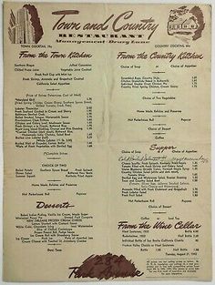 an old menu for the town and country restaurant