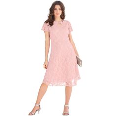 Look great from every angle in this charming allover lace dress featuring a so-pretty scalloped keyhole at the neckline. Flutter sleeves. Fully lined body. Side zip. Feminine Knee-length Lace Dress With Collar, Feminine Lace Dress, Feminine Lace Dress With Lace Collar, Feminine Knee-length Lace Dress With Lace Sleeves, Feminine Knee-length Lace Dress, Feminine Short Sleeve Dress With Delicate Lace, Feminine Short Sleeve Delicate Lace Dresses, Pink Scalloped Lace Knee-length Dress, Pink Knee-length Scalloped Lace Dress