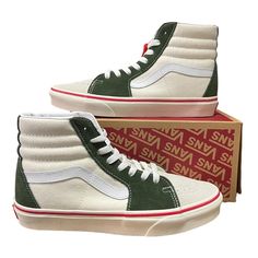 Vans Sk8 Hi Retro Sport Skateboard Shoes Women’s Size 8 Men’s Size 6.5 Suede & Canvas Marshmallow / Kombu Green. Lace Up Hi Top Sneakers. Please See Sizing Chart Before Making Your Purchase. Tags: Surfing Sneakers Beachfront Autumn Night State Fair Amusement Park Color Might Vary Due To Lighting. Box Not Included. New With Tags #Vansauthentic #Vansoffthewall #Vansoldskool #Vansslipon #Skater #Surfer #Skate Green Skate Shoes With Speckled Midsole, Green Vans Skate Shoes With Gum Sole, Vans White Skate Shoes With Contrast Sole, Custom White Sneakers For Skateboarding With Speckled Midsole, Vans White Mid-top Skate Shoes, Vans White Skate Shoes With Rubber Sole, White Vans Canvas Shoes For Skateboarding, White Vans High-top Sneakers With Contrast Sole, White Skate Shoes With Laces For Skateboarding