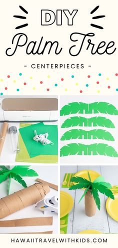 the palm tree centerpieces are made out of toilet paper and construction supplies, with text overlay that reads diy palm tree centerpieces