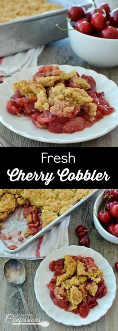 fresh cherry cobbler on a white plate with cherries in the background and another serving dish next to it