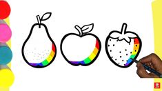 someone is drawing an apple, pear and strawberry