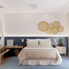 a bedroom with blue carpet and white walls