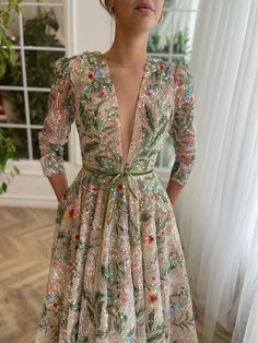 Whispering Forest Gown | Teuta Matoshi Elegant Green Gown With Floral Embroidery, Elegant Green Gown For Garden Party, Lace Gala Dresses With Floral Print