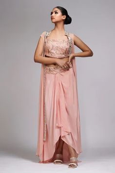 Shop for Shruti S Peach Placket Embroidered Cape And Draped Dhoti Skirt Set for Women Online at Aza Fashions Festive Draped Embroidered Choli, Festive Embroidered Draped Choli, Traditional Draped Lehenga With Mirror Work, Embroidered Draped Lehenga For Diwali, Diwali Embroidered Draped Lehenga, Traditional Pre-draped Saree With Mirror Work And Cape Sleeves, Traditional Draped Sharara With Mirror Work, Designer Draped Sets With Mirror Work, Designer Wear Draped Sets With Mirror Work