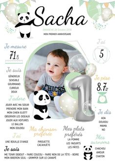 a baby's first birthday poster with panda and balloons