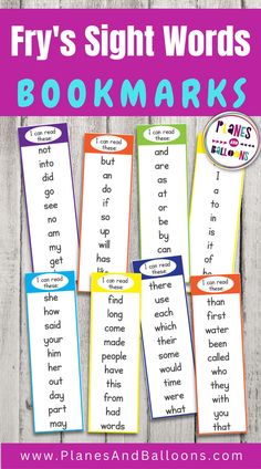 the printable bookmarks for fry's sight words