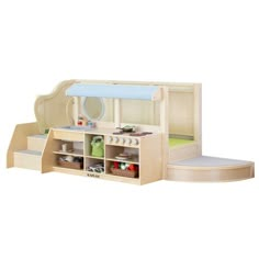 a wooden doll house with furniture and accessories