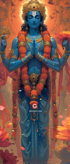 the hindu god is standing in front of an orange and blue background with gold accents