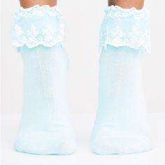 Nwt Baby Blue Ruffled Socks; One Size Cute Blue Spring Socks, Cute Lace Trim Socks For Spring, Black Knee High Socks, Halloween Tights, Hunter Boots Socks, Wool Blend Socks, Ruffled Socks, Heart Socks, Grey Socks