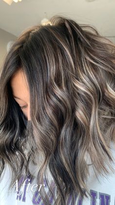 Summer Highlights On Dark Hair, Dark Hair With Baylage, Fall Hair For Light Skin Tone, 2023 Hair Highlight Trends, Ash Brown Hair Color With Highlights, Brown Hair Ash Highlights, Highlights To Blend Gray Hair Dark Brown, Dark Brown To Ash Blonde Balayage, Hide Grey Hair With Highlights Brunettes