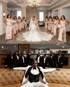 the bride and her bridal party are posing for pictures in their wedding gowns