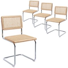 set of four chairs with woven seats and metal frame, all in beige color on white background