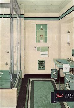 an old fashioned bathroom with green and white decor