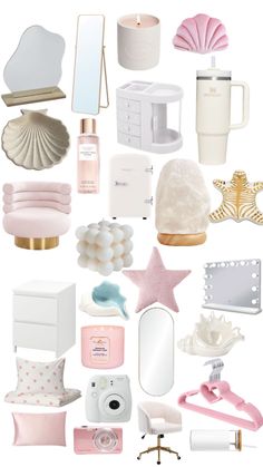 a collage of pink and white items including soap, lipstick, perfume bottle, mirror, starfish