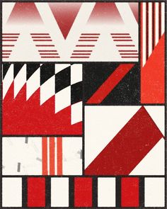 an abstract poster with red, white and black shapes