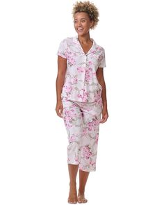 Women's Karen Neuburger Petite Short Sleeve Girlfriend Capri PJ Set | Zappos.com Spring Sleepwear Sets With Short Sleeves, Spring Sleepwear With Pockets And Short Sleeves, Floral Print Short Sleeve Sleepwear For Comfort, Karen Neuburger Pajamas, Spring Sleepwear With Built-in Shorts And Stretch, Spring Sleepwear With Built-in Shorts, Petite Shorts, Floral Vine, Ditsy Floral