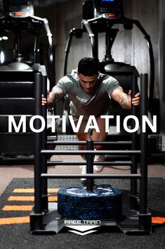 a man doing push ups on a machine in a gym with the words motivation above him