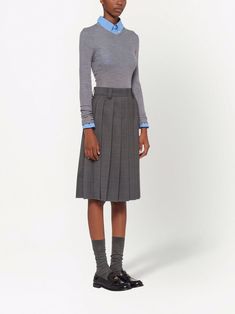 Find MIU MIU Prince Of Wales-check Wool Skirt on Editorialist. dark grey wool Prince of Wales check pattern embroidered logo to the rear fully pleated high waist belt loops concealed side zip fastening knee-length Grey Pleated Skirt Outfit, Prada Skirt, Grey Pleated Skirt, Pleated Skirt Outfit, Prince Of Wales Check, Pleats Skirt, Grey Skirt, City Dress, Wool Skirt