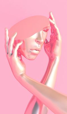 a woman with her hands on her head in front of a pink background, holding her hair up to her face