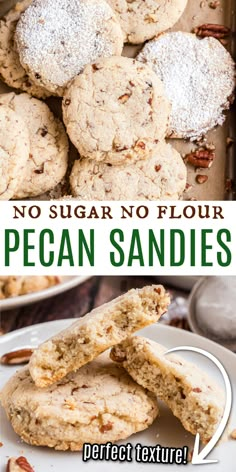 no sugar no flour pecan sandies on a white plate with text overlay