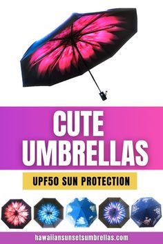 Finally, umbrellas have received a modern upgrade!  No longer do you have to settle for the same boring black or plaid umbrellas that your grandparents had! These kids umbrellas and women's umbrellas protect from the rain, the wind and the sun!  UPF50 protection blocks 98% of UV rays and protects you from both harmful UVA and UVB radiation to prevent premature aging of the skin.  You can feel the difference as you'll feel significantly cooler under the hot sun while looking stylish! Parasol Wedding, Kids Umbrellas, Protecting Yourself, Hawaiian Sunset, Small Umbrella, Best Umbrella