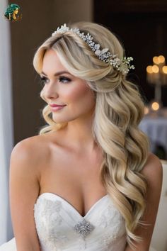 a beautiful blonde woman with long hair wearing a wedding dress